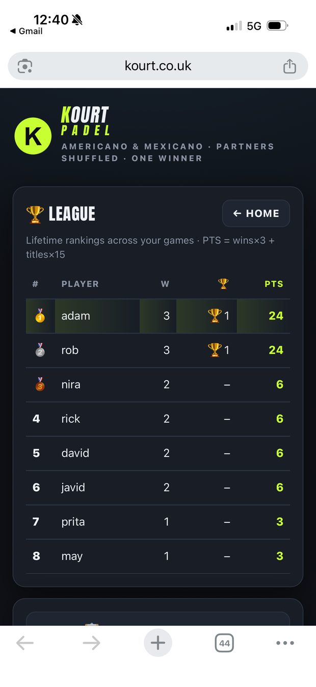Kourt app league table